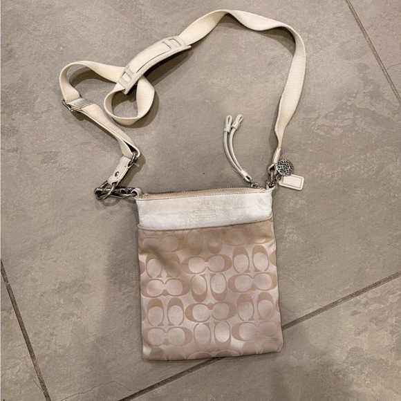 Coach Handbags - Used Coach Light Khaki/Cream Sateen Signature Swing Pack Crossbody